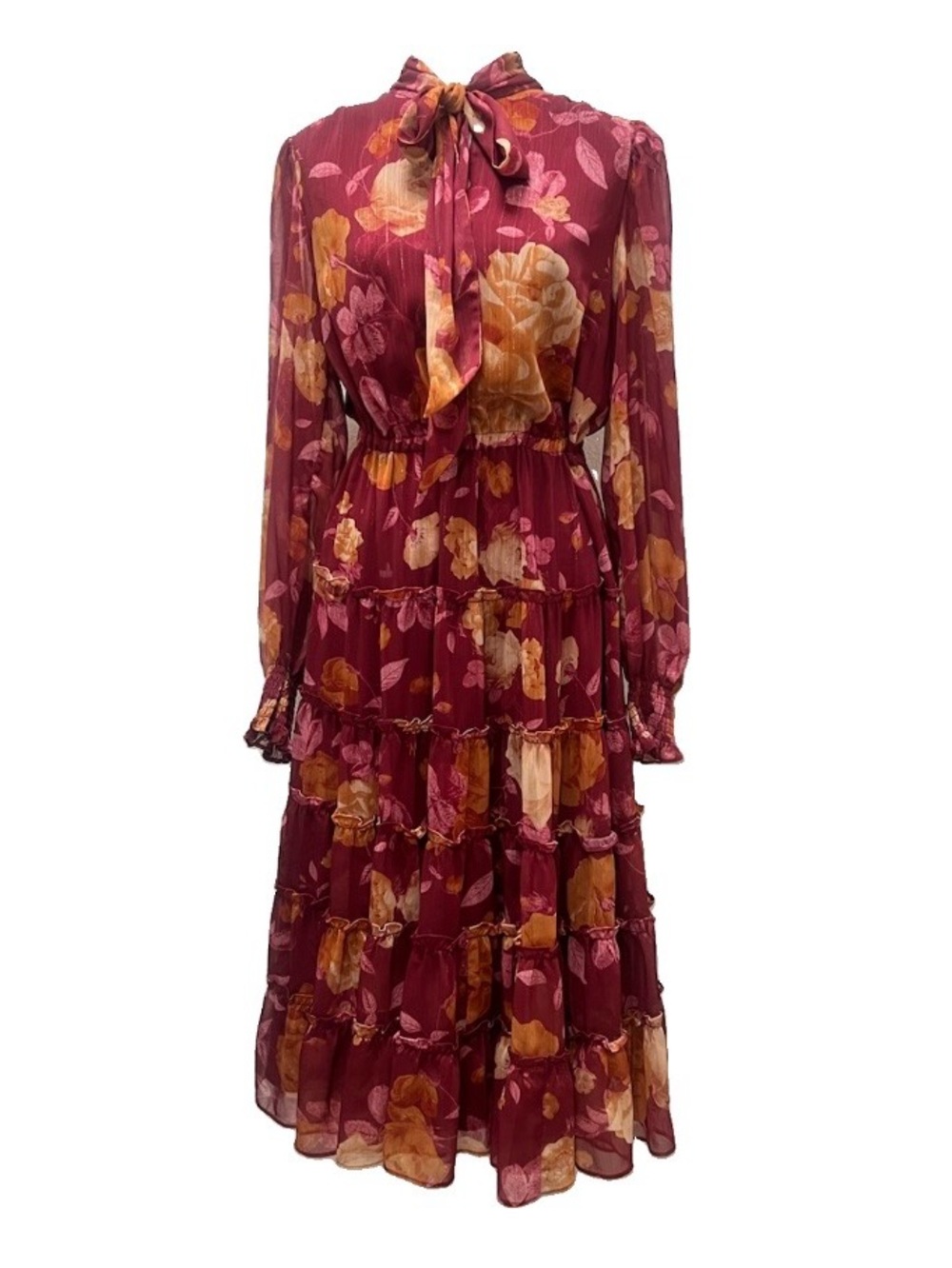 Rachel Parcell Burgundy Floral Tie-Neck Tiered Midi Dress M